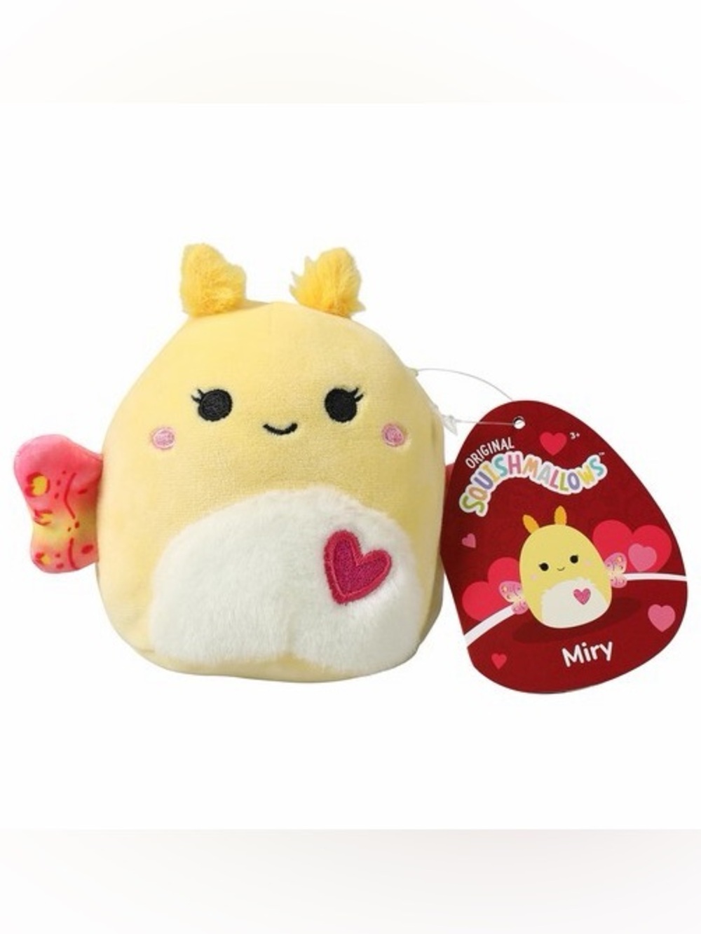 Squishmallows Miry The Moth Yellow Heart Plush dressed for a sunny day